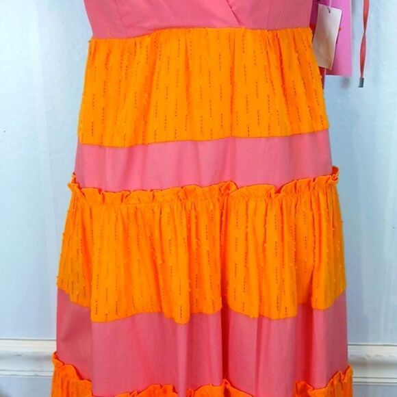 LDT Daphne pink/ yellow color block V-neck and back tiered skirt maxi dress - Picture 5 of 15